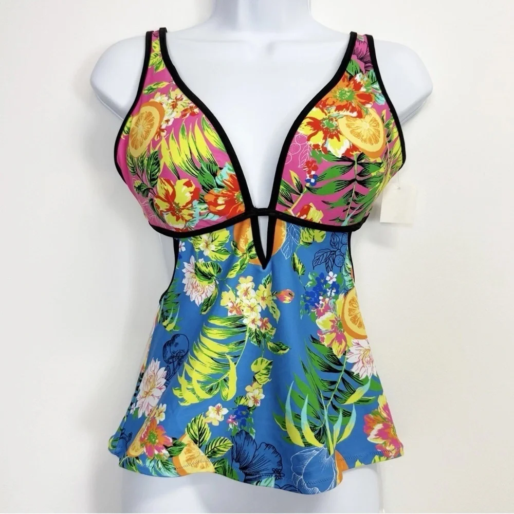 Bar iii Tankini Top Womens Small Multi Blue Citrus Floral Summer Spritz Swim NWT